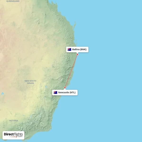 Newcastle - Ballina direct flight map