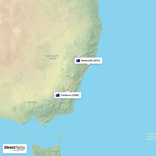 Newcastle - Canberra direct flight map