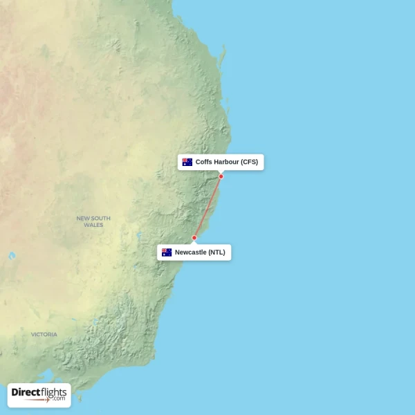 Newcastle - Coffs Harbour direct flight map