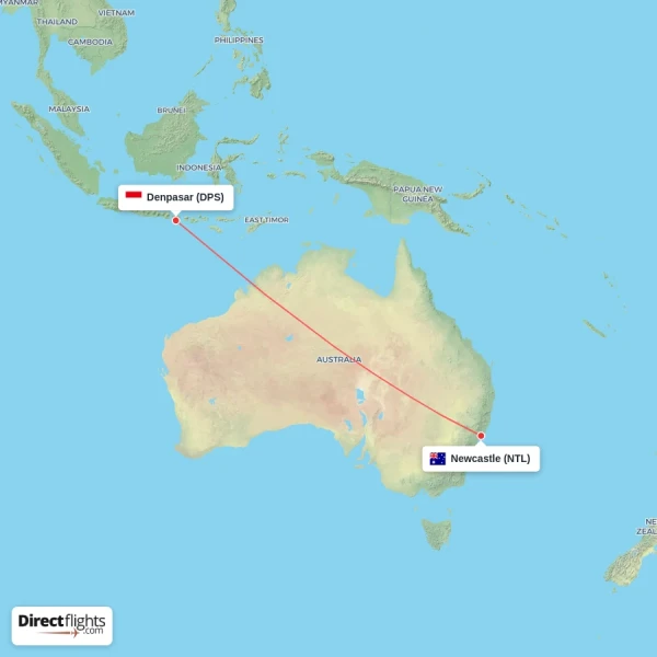 Newcastle - Denpasar direct flight map