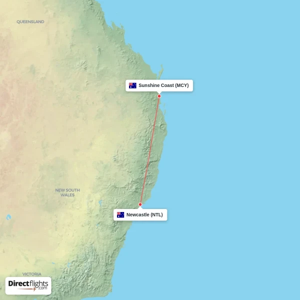 Newcastle - Sunshine Coast direct flight map