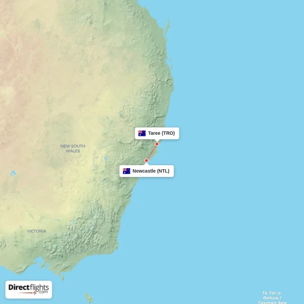 Newcastle - Taree direct flight map