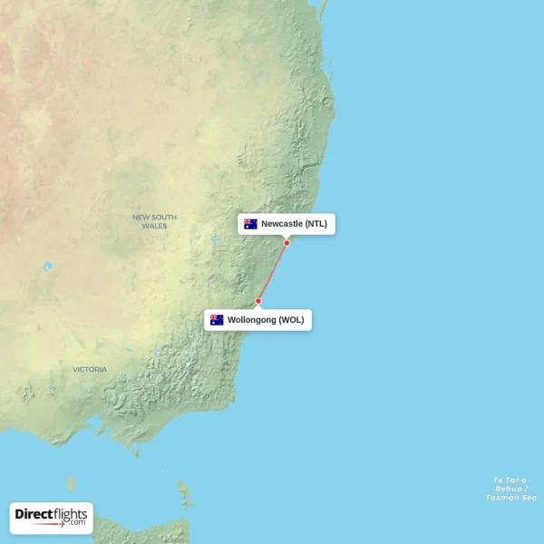 Newcastle - Wollongong direct flight map
