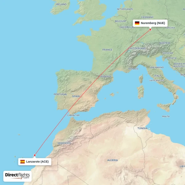 Nuremberg - Lanzarote direct flight map
