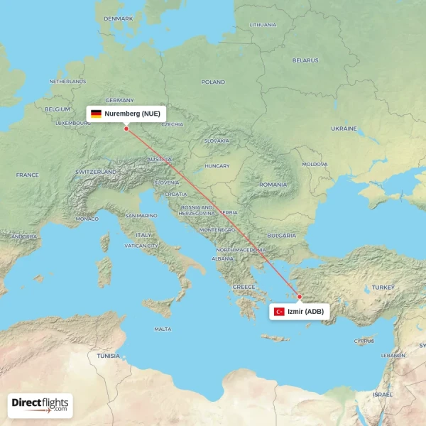 Nuremberg - Izmir direct flight map