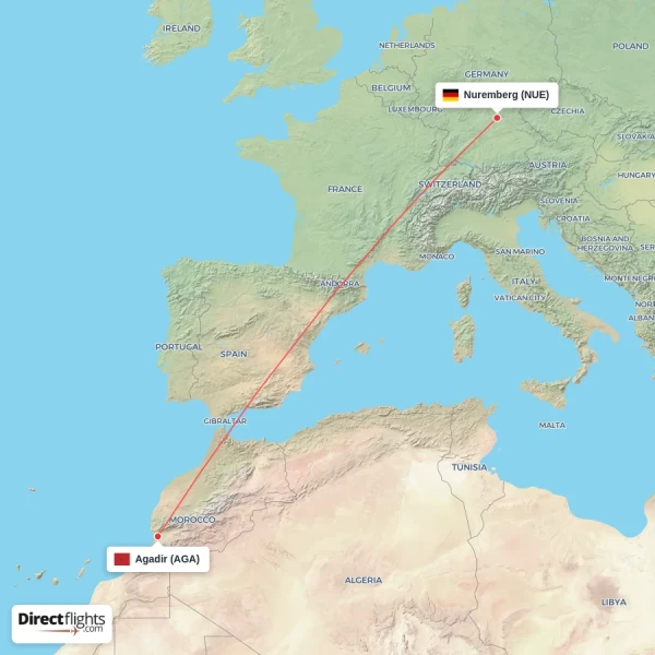 Nuremberg - Agadir direct flight map