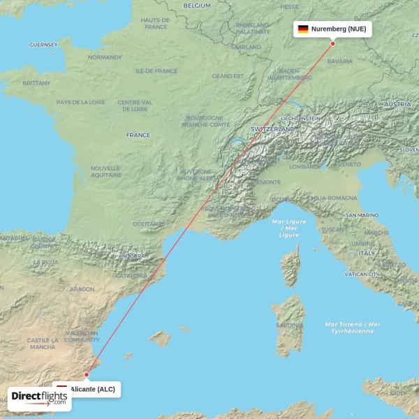 Nuremberg - Alicante direct flight map
