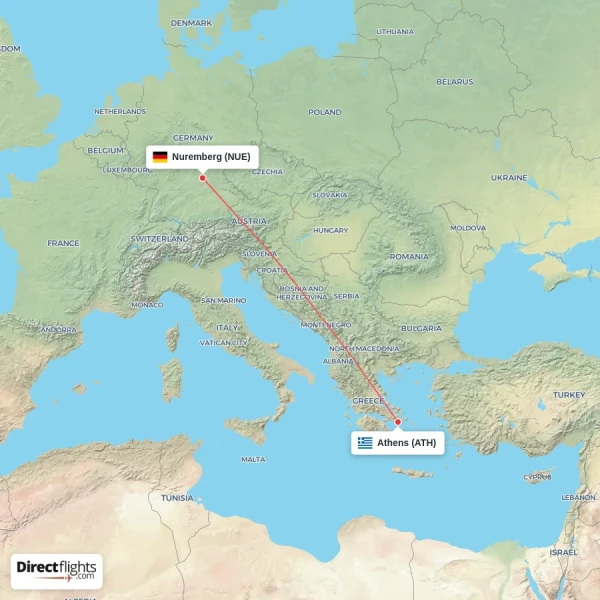 Nuremberg - Athens direct flight map
