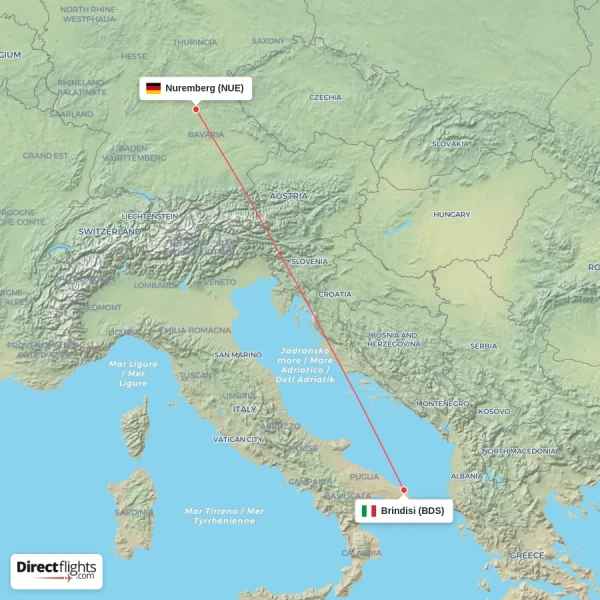 Nuremberg - Brindisi direct flight map