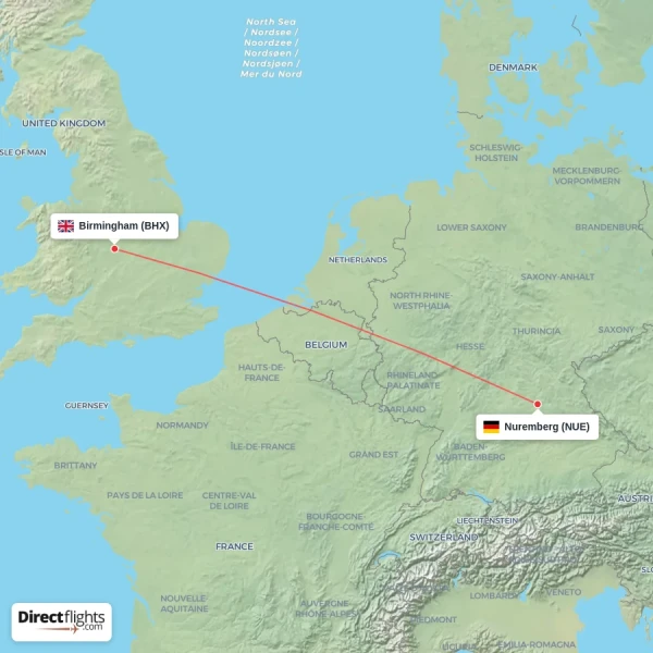 Nuremberg - Birmingham direct flight map