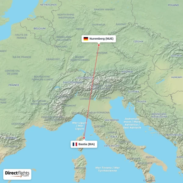Nuremberg - Bastia direct flight map