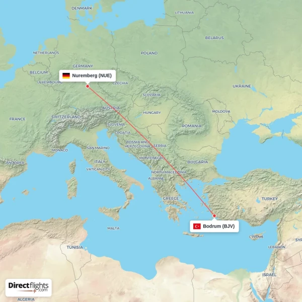 Nuremberg - Bodrum direct flight map