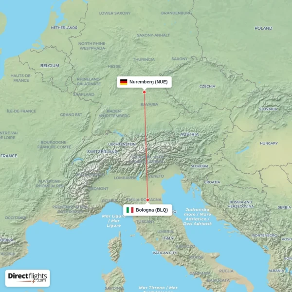 Nuremberg - Bologna direct flight map