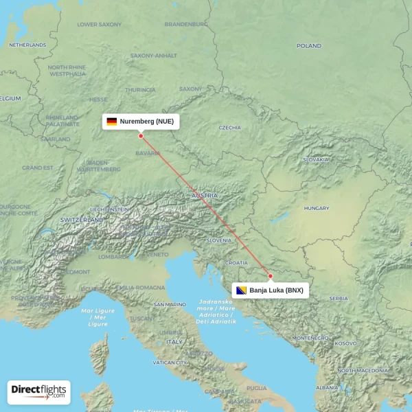 Nuremberg - Banja Luka direct flight map