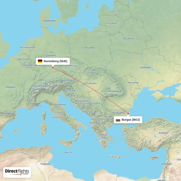 Nuremberg - Burgas direct flight map