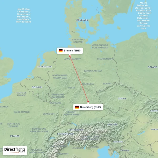 Nuremberg - Bremen direct flight map