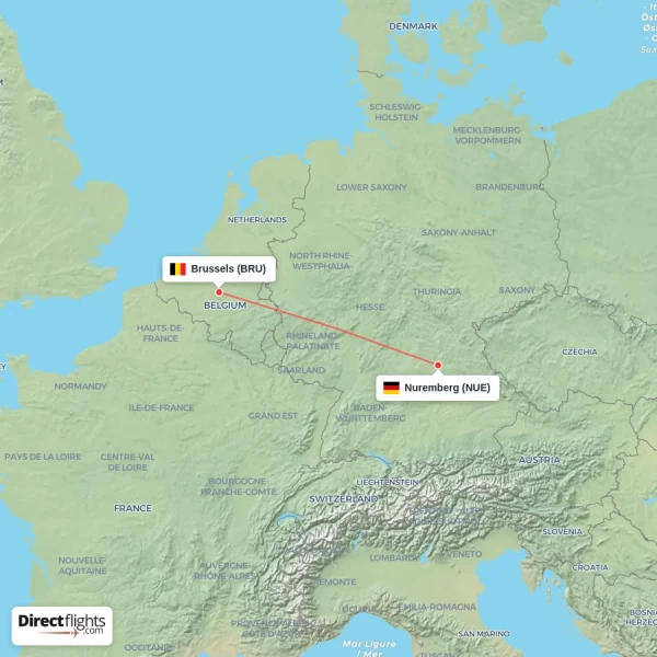Nuremberg - Brussels direct flight map