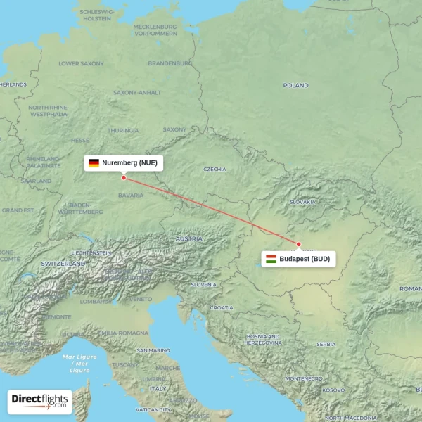 Nuremberg - Budapest direct flight map