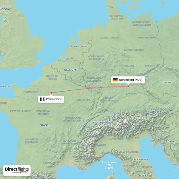 Nuremberg - Paris direct flight map