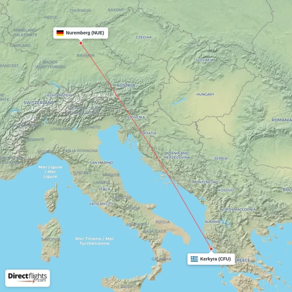 Nuremberg - Kerkyra direct flight map