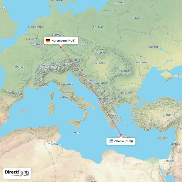 Nuremberg - Chania direct flight map