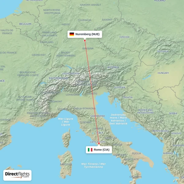 Nuremberg - Rome direct flight map