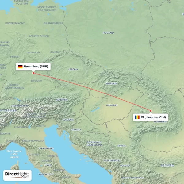 Nuremberg - Cluj-Napoca direct flight map