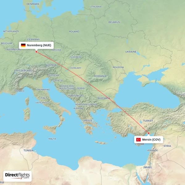 Nuremberg - Mersin direct flight map