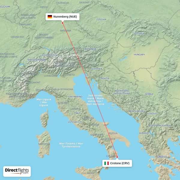 Nuremberg - Crotone direct flight map