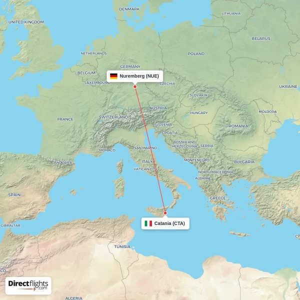 Nuremberg - Catania direct flight map