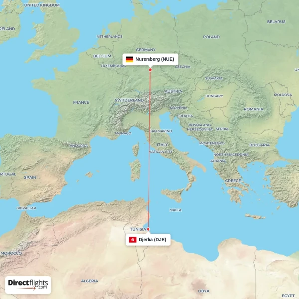 Nuremberg - Djerba direct flight map