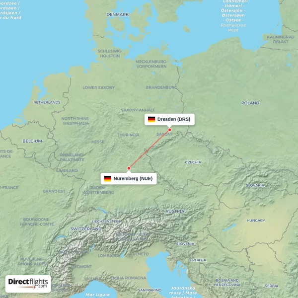 Nuremberg - Dresden direct flight map