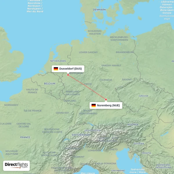 Nuremberg - Dusseldorf direct flight map