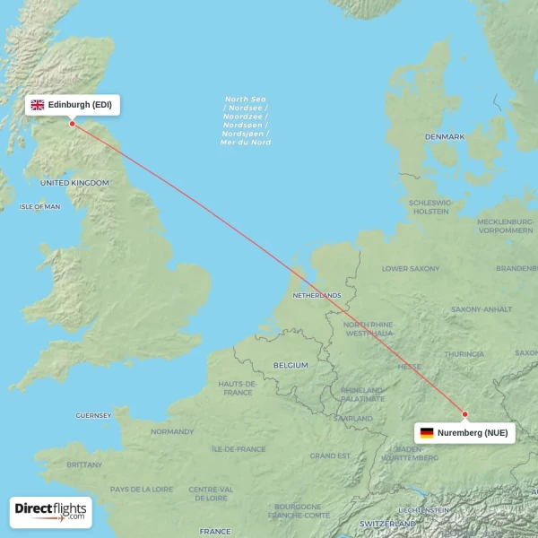 Nuremberg - Edinburgh direct flight map