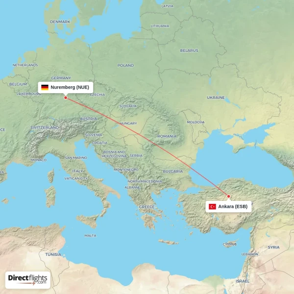 Nuremberg - Ankara direct flight map