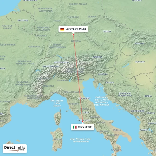 Nuremberg - Rome direct flight map