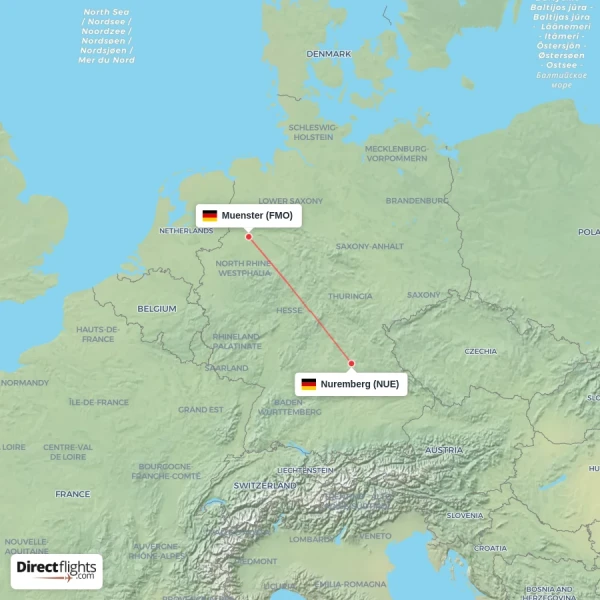 Nuremberg - Muenster direct flight map