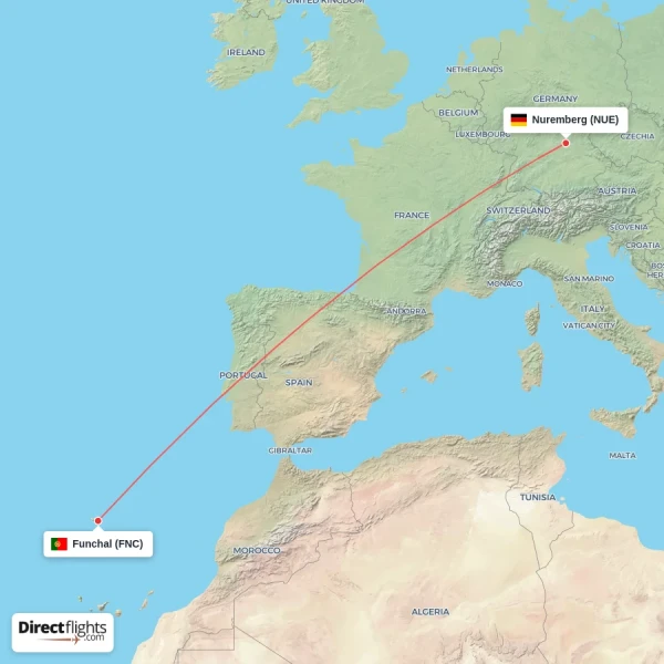 Nuremberg - Funchal direct flight map