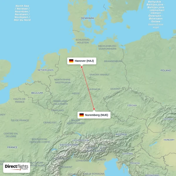 Nuremberg - Hanover direct flight map