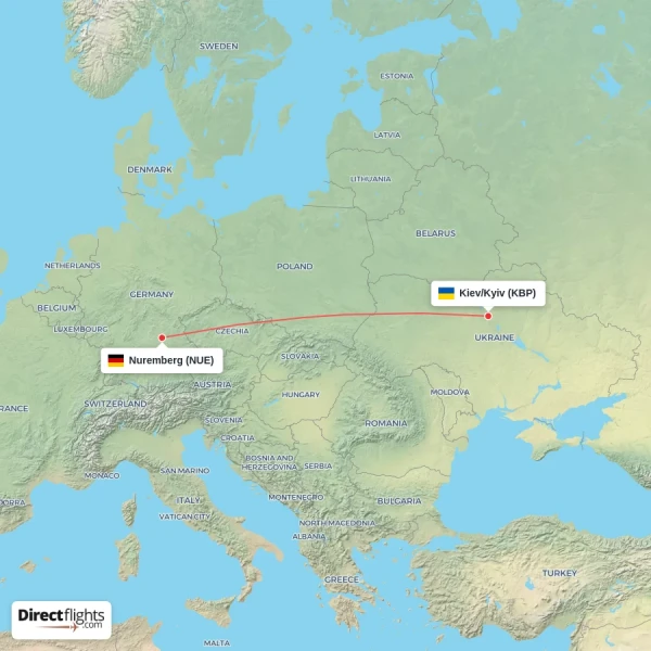 Nuremberg - Kiev/Kyiv direct flight map