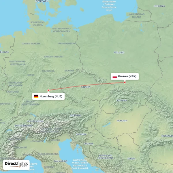 Nuremberg - Krakow direct flight map