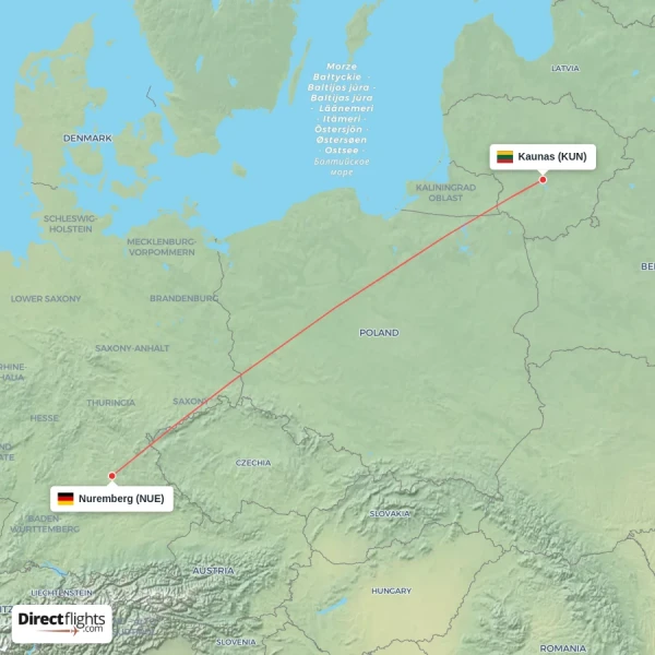 Nuremberg - Kaunas direct flight map