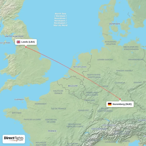 Nuremberg - Leeds direct flight map