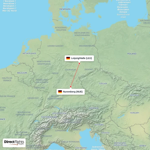 Nuremberg - Leipzig/Halle direct flight map