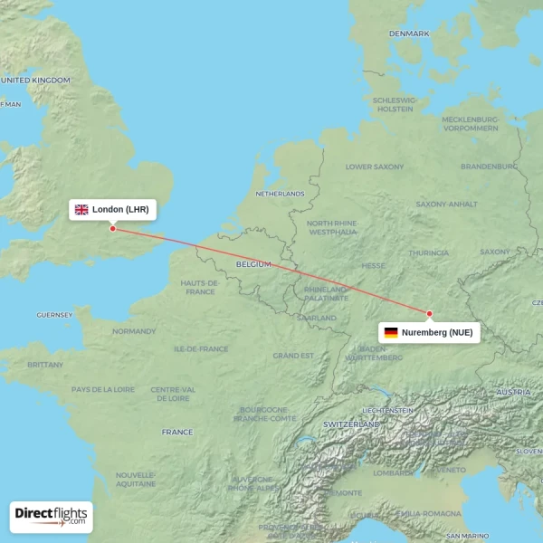 Nuremberg - London direct flight map