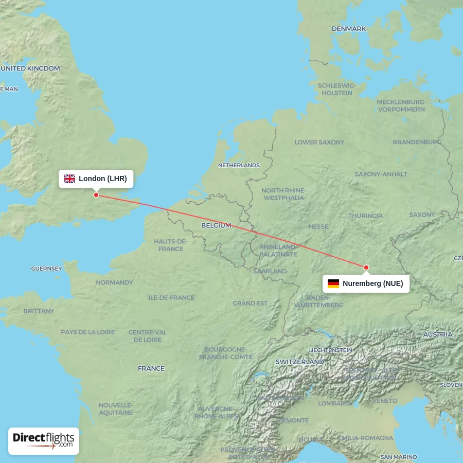 NUE - LHR route map