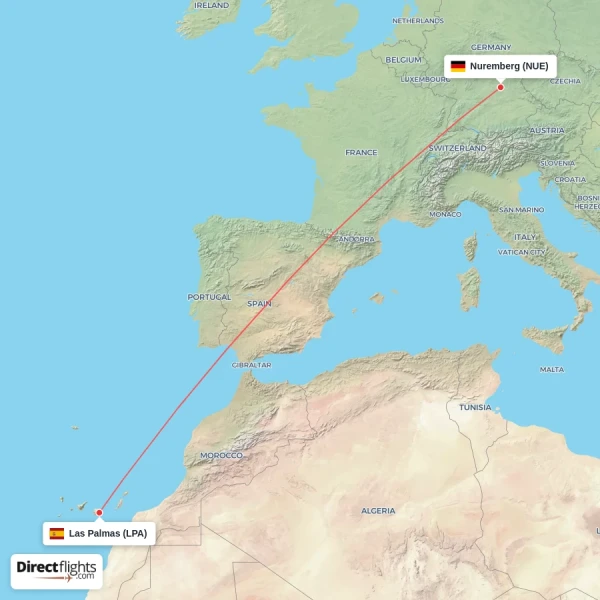 Nuremberg - Las Palmas direct flight map