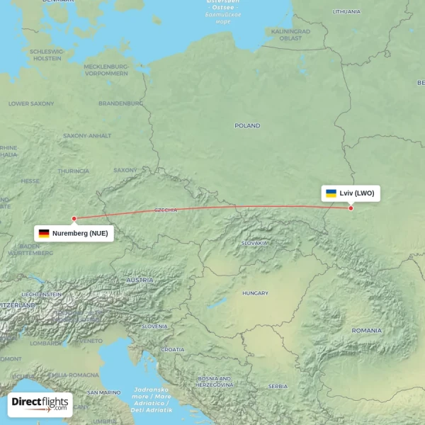 Nuremberg - Lviv direct flight map