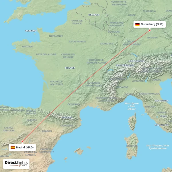 Nuremberg - Madrid direct flight map