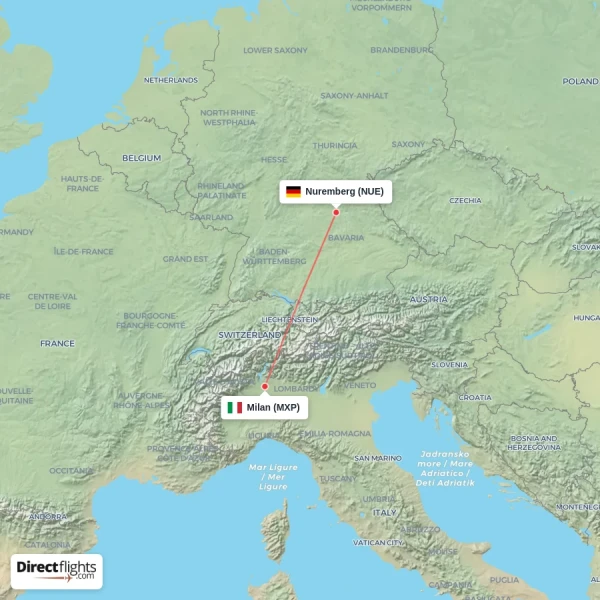 Nuremberg - Milan direct flight map